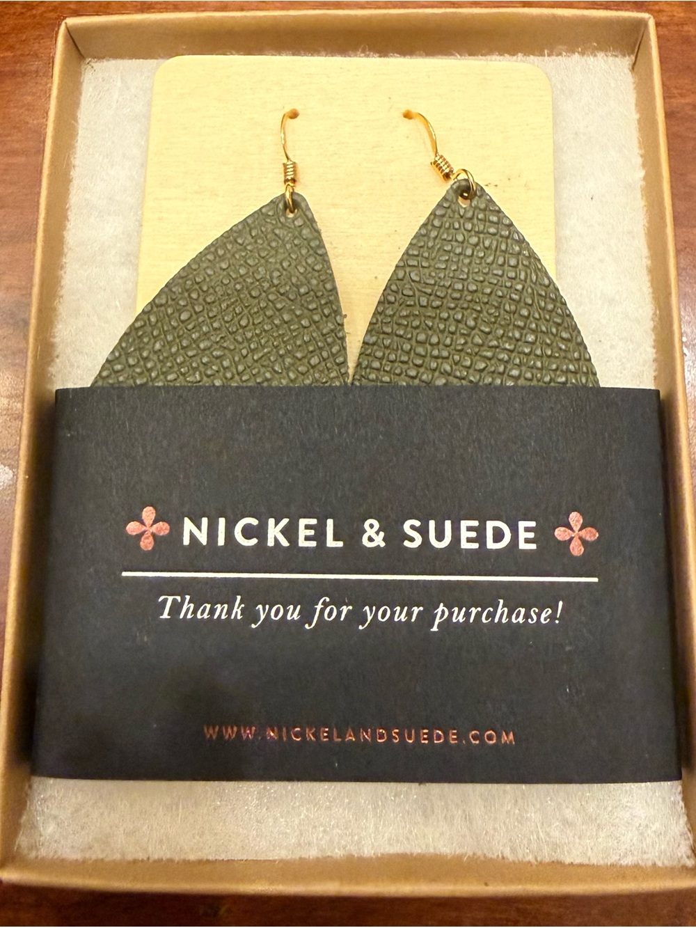Nickel & Suede Desert Green Small Textured Leather Teardrop Earrings